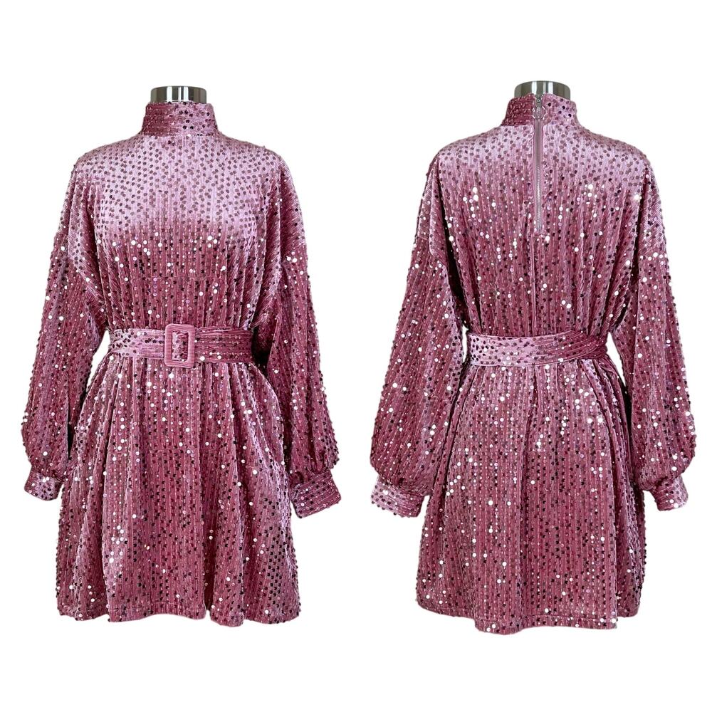 Nichole Lynel | Sequin Pink Velvet Belted Balloon Sleeve High Neck Mini Dress M